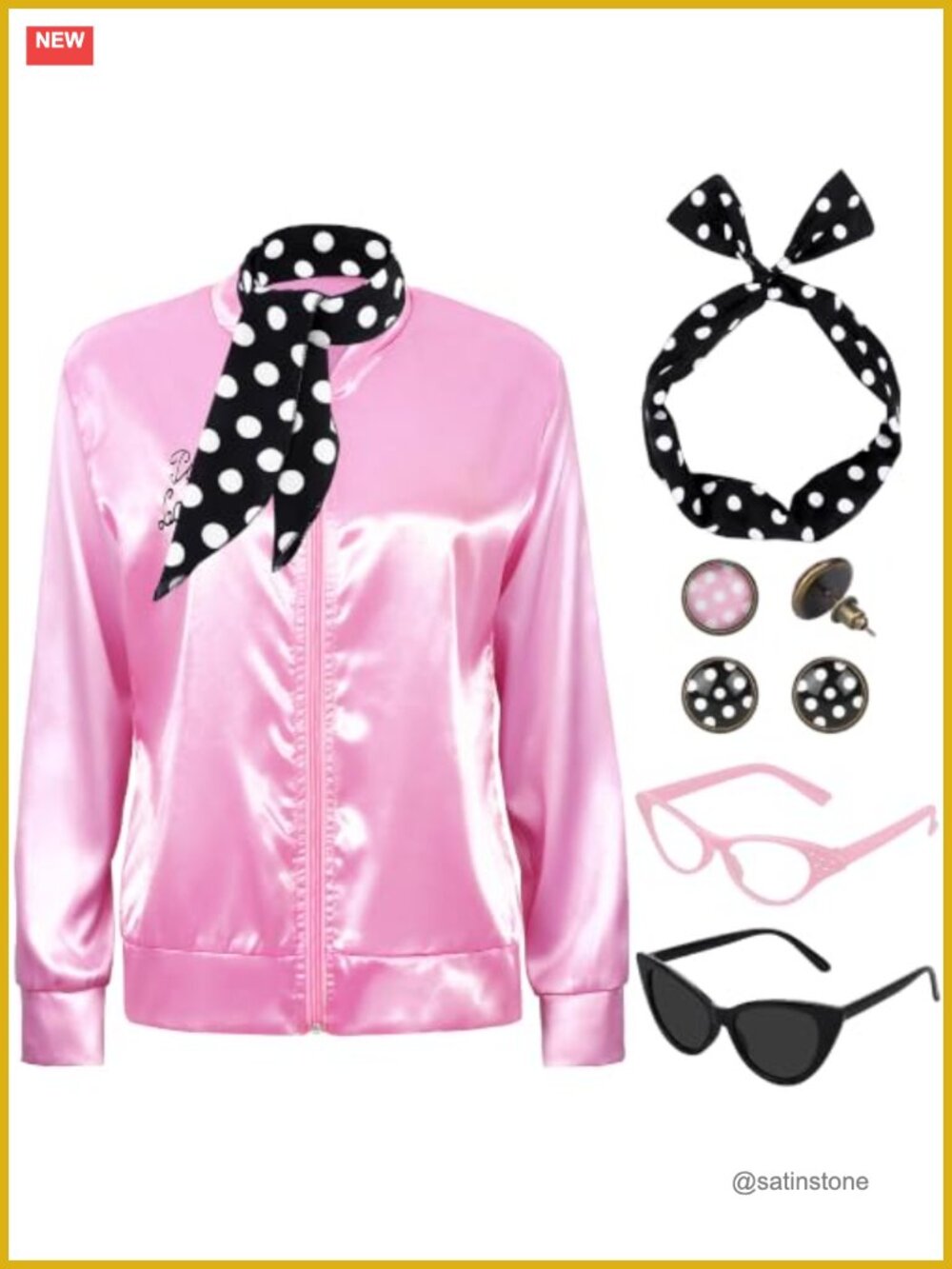 1950s Satin Jacket Costume Set with Scarf Headband Earrings Cat Glasses
